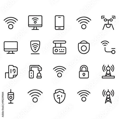 Internet and Network Technology Icon Set with Smart Home and Surveillance