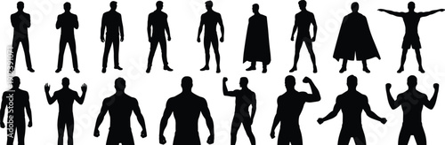 Superhero and Muscular Male Silhouette Set Vector Illustration Collection of Strong Man Poses Isolated on Light Background for Fitness Logo Design and Branding Use