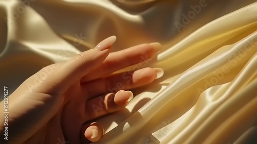 Womans Hands with Nails on Satin Fabric.