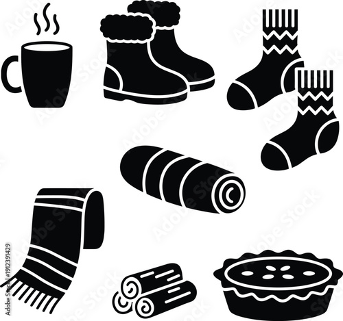 Winter Cozy Essentials Silhouette Vector Set with Boots, Socks, Scarf, Hot Drink, Blanket and Pie Isolated on Light Background for Seasonal Design