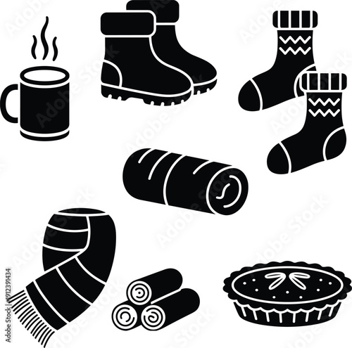 Winter Clothing and Cozy Items Silhouette Vector Set Featuring Boots, Socks, Scarf, Hot Drink and Pie Isolated on Light Background for Seasonal Design