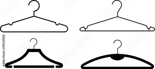 Clothes hanger outline silhouettes set isolated on white background, garment hanging accessories icons collection, wardrobe and retail organization tools, minimal flat design illustration