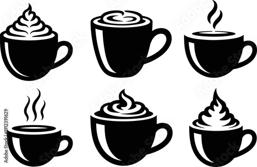 Coffee cup icons collection showing hot drinks with steam foam and cream in elegant black vector silhouette style for cafe menu branding design