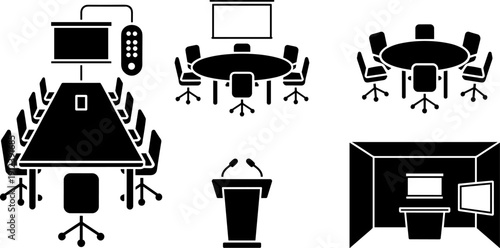 Conference room and boardroom icons set showing meeting tables chairs presentation screens podium and corporate office layouts in clean black vector silhouette style