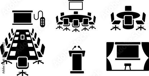 Conference room icons set featuring meeting tables chairs presentation screen podium and boardroom layouts in minimal black vector silhouette style for business design