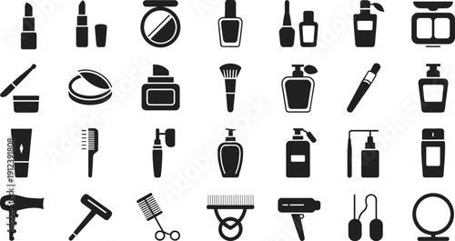Cosmetics and beauty product icons set isolated on white background, makeup tools skincare bottles and grooming accessories collection, salon and personal care symbols, flat design illustration