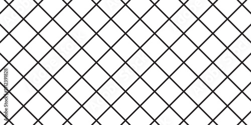 Diagonal cross line grid seamless pattern. Geometric diamond texture. Black diagonal line mesh on white background. Minimal quilted fabric. Metallic wires fence pattern. Modern Vector