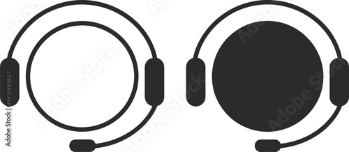 Customer service headset icons with microphone, black silhouette vector illustration isolated on white background for call center support, helpline communication and online assistance