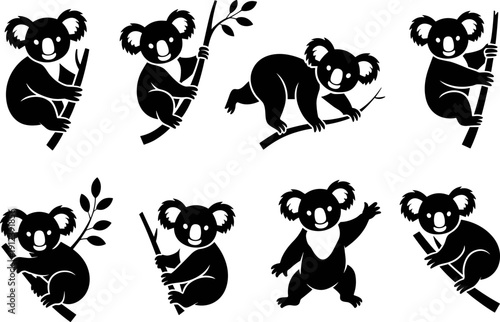 Cute Koala Bear Silhouette Set in Different Poses on Tree Branch, Adorable Australian Animal Vector Illustration Isolated on White Background