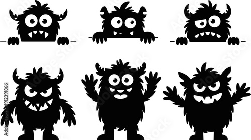 Cute Monster Silhouette Collection, Cartoon Halloween Creatures with Horns and Fangs Black Isolated Vector Set for Kids Party Design