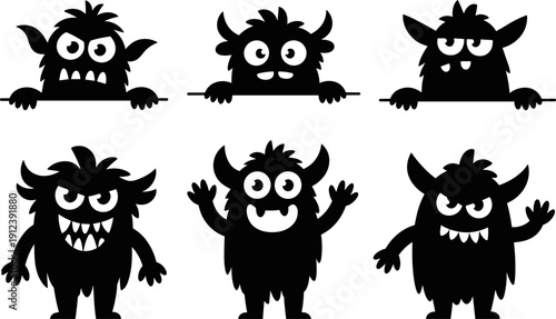 Cute Monster Silhouettes Set, Cartoon Halloween Characters with Horns and Fangs Black Isolated Vector Collection for Kids Design