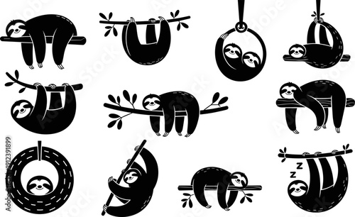 Cute sloth silhouettes set with hanging, climbing and sleeping poses, black and white cartoon jungle animal collection isolated on white background vector illustration