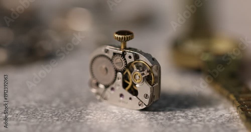Wallpaper Mural Mechanism of vintage wrist watch on grey table, closeup Torontodigital.ca