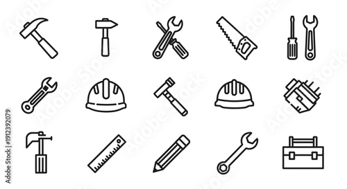 Handyman and construction tools filled icon set featuring essential instruments for repair, building, renovation, and home improvement work illustrations.
