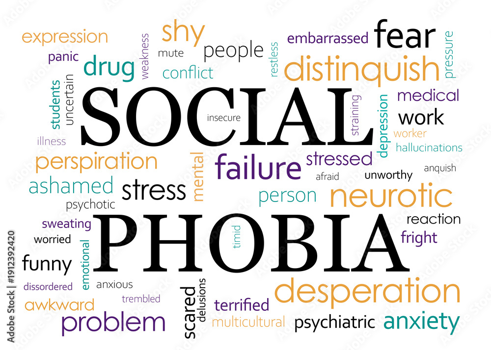 Obraz premium Social phobia, set of related terms. Many words on white background