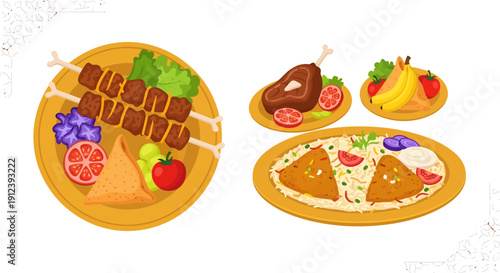Traditional Ramadan Iftar Food Set with Kebab, Samosa, Biryani Rice, and Meat Illustration on White Background