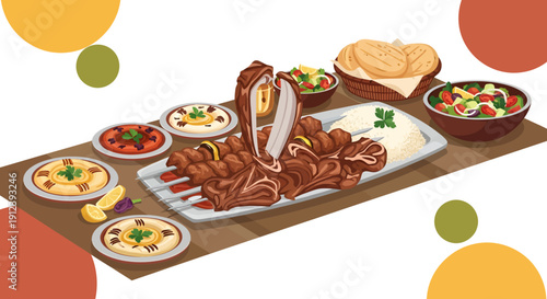 Middle Eastern Food Banquet with Grilled Kebabs, Rice, Hummus and Salad for Ramadan Iftar or Eid Celebration Illustration