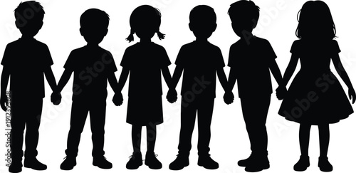 Children silhouettes holding hands together, diverse kids standing united in line, friendship unity and community values concept, childhood innocence illustration isolated on white background