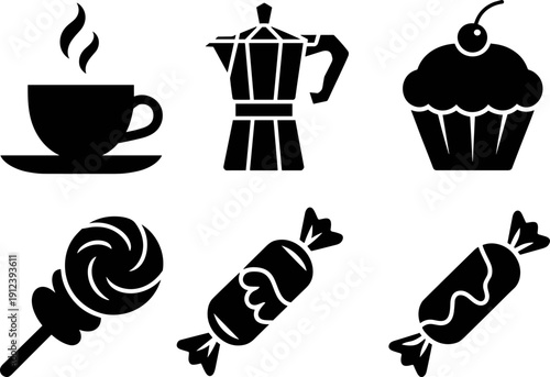Dessert and cafe icons set featuring coffee cup moka pot cupcake candy and sweets in bold black vector silhouette style for bakery cafe menu design
