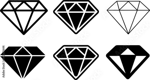 Diamond gemstone icons collection featuring various faceted jewel shapes in bold black vector silhouette and outline styles for luxury branding jewelry and fashion design
