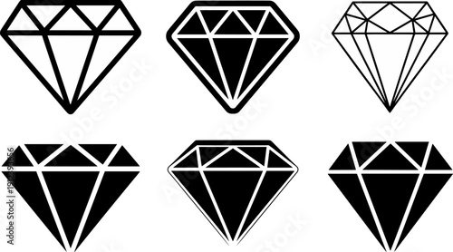 Diamond icons collection showing gemstone shapes and facets in elegant black vector silhouette and outline styles for luxury jewelry branding design projects 