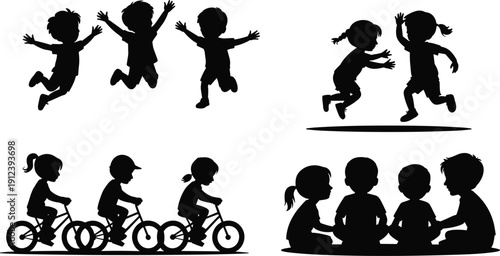 Children silhouettes playing, jumping, cycling and sitting together, happy childhood activities and friendship moments concept, kids lifestyle illustration isolated on white background