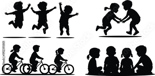 Children silhouettes playing, jumping, cycling and sitting together, joyful childhood friendship and outdoor activities concept, kids lifestyle illustration isolated on white background