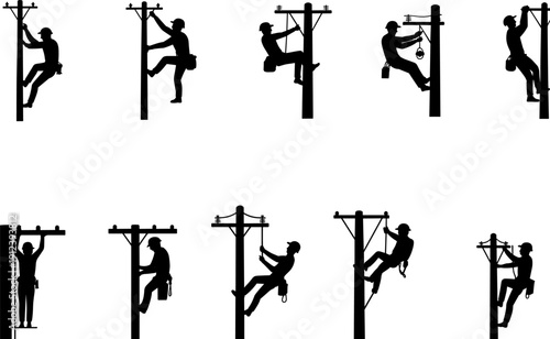Electric Lineman Climbing Utility Pole Silhouette Collection, Power Line Worker with Safety Harness and Helmet Isolated Vector Illustration for Electrical Industry Design