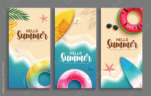 Hello Summer greeting clipart poster set design. Hello Summer greeting text clip art in seashore beach background with floater and surfboard summer elements for seasonal postcard template collection 