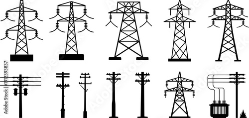 Electric power transmission tower silhouette set isolated on white background, high voltage pylons, utility poles and transformers collection for energy infrastructure, 