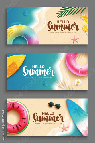 Hello Summer greeting clipart banner set design. Summer greeting text clip art with floater and surfboard summer elements in seashore beach top view background for tropical season template collection 