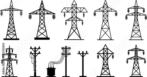Electric power transmission tower silhouette set isolated on white background, high voltage pylons and utility poles collection for energy industry, infrastructure design and vector illustration