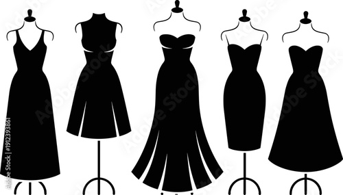 Elegant black dress silhouette set on mannequins featuring evening gowns and cocktail dresses, minimalist women fashion illustration for boutique branding, fashion catalogs, luxury design, 