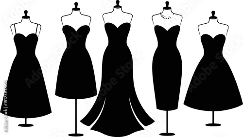 Elegant black evening dress silhouette set on mannequins featuring cocktail and formal gowns, minimalist women fashion illustration for luxury branding, fashion catalogs, boutique marketing, 