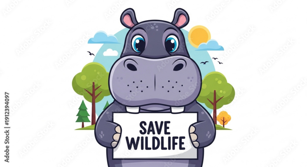 Fototapeta premium Cartoon hippopotamus holding 'save wildlife' sign in forest with trees and sunny sky