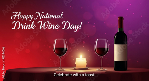 Wine glasses and bottle on a table with a candle celebrating drink wine day with a romantic ambiance