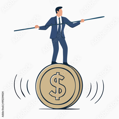 business‑suited figure balancing on a wobbling coin, pole stretched wide like they’re trying to negotiate with gravity itself.;  financial tension 
