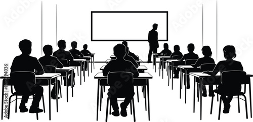 Classroom education silhouette with teacher and students sitting at desks, learning and academic training concept, school lecture and knowledge development illustration isolated on white background
