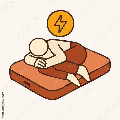 someone curled on a mattress, the world reduced to a single shape of rest, while that glowing symbol above them hums with the promise of energy returning. It’s not about exhaustion