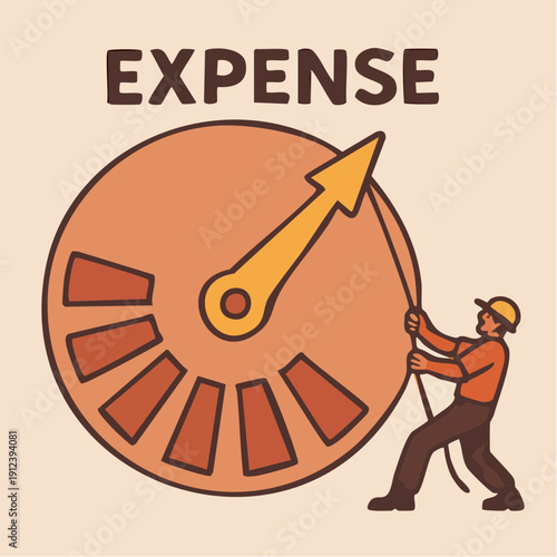 rising cost pressure: vector illustration of person pulling rope to shift expense gauge toward higher levels in bold modern style