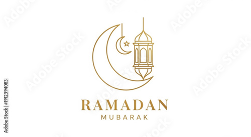 Ramadan mubarak greeting with golden crescent moon and lantern on white background for festive islamic holiday