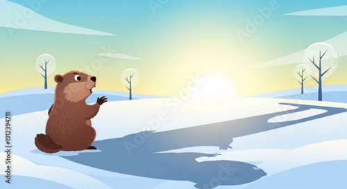 Brown bear cub sitting on snowy ground waving in sunny winter landscape with trees