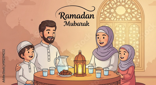 Ramadan mubarak family gathering with traditional food and drinks