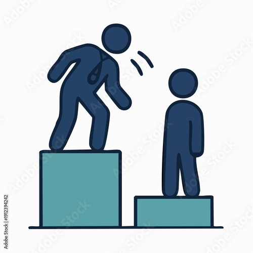 directive energy of two simplified figures on different height blocks, one leaning forward with a tie, the other listening from below; hierarchical without harsh, symbolic without being abstract