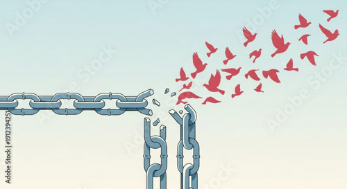 Broken chain with red birds flying free symbolizing freedom and liberation in a serene landscape