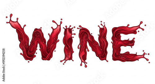 Red wine splashes forming the word 'wine' on white background symbolizing luxury and indulgence in a creative typographic design