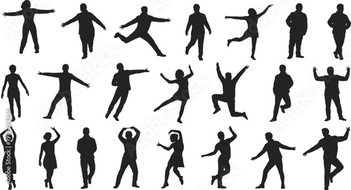 Collection of active people silhouettes performing dynamic jumping, dancing and expressive body movements, representing freedom, energy, celebration, fitness and lifestyle concepts isolated on white
