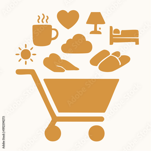 comfort‑commerce symbolism; a curated emotional inventory: slippers, a steaming mug, a heart, a bed, a lamp, a cloud, a sun, resting hands