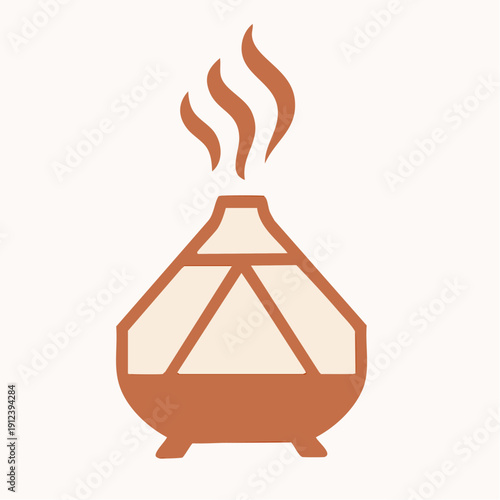 grounded wellness‑object vibe;  the diffuser’s geometric base, the soft earth‑tone palette, the rising aromatic lines, aromatherapy diffuser releasing gentle rising vapor in warm earthy tones 