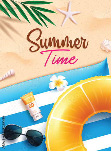 Summer Time text clipart poster design. Summer Time poster template in sand beach background clip art with towel, floater, sunglasses, seashells and lotion summer elements for holiday season postcard 